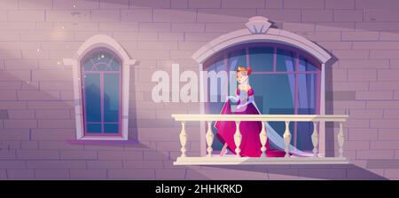 Princess in pink dress on palace balcony. Fairy tale beautiful girl in gold crown. Vector cartoon illustration of royal house facade with arch windows and terrace with balustrade Stock Vector