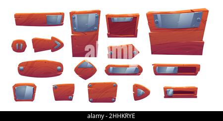 Wooden boards with metal plates and screws for ui game. Vector cartoon set of brown wood and steel banners, menu buttons, arrow and sliders for mobile game. Gui elements isolated on white background Stock Vector