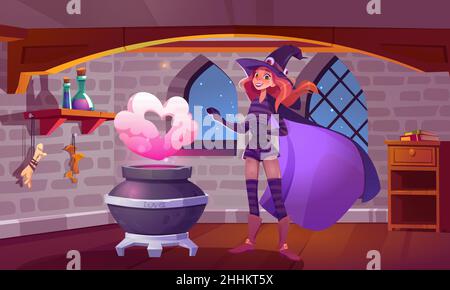 Girl witch make magic love potion in cauldron. Vector cartoon fantasy illustration of wizard room interior with boiling pot, pink smoke cloud in shape of heart and woman in magician costume Stock Vector