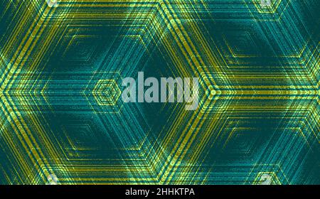 Symmetric abstract geometric ornament for wallpaper background design, textile printing, wrapping. Seamless hexagon concentric textured pattern in emerald, teal, olive green colors. Stock Vector