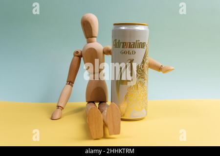 Tyumen, Russia-December 27, 2021: Aluminium can of the Adrenaline Rush energy drink, adrenaline gold Stock Photo