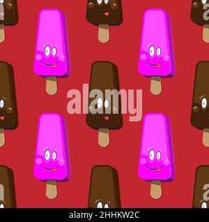 seamless pattern ice cream face smile chocolate vanilla on red background vector image Stock Vector