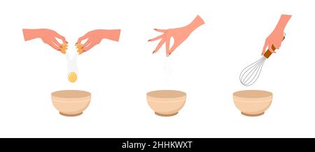 Kneading dough hands. Woman mixing ingredients in bowl. Homemade pasta or bread. Top view. Stay home and cook healthy food by recipe. Vector Stock Vector