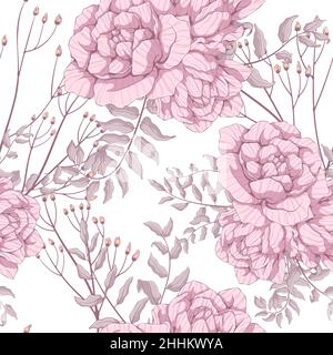 Seamless pattern with floral motif. Roses and Peonies background. Pink flowers and grey branch with leaves. Hand drawn botanical vector print. For des Stock Vector