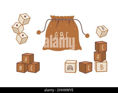 Boho baby wooden alphabet cubes. Hand drawn scandinavian element for newborn isolated on white background. Vector illustration in flat cartoon style Stock Vector