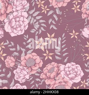 Seamless pattern with floral motif. Roses and Peonies background. Pink flowers and grey branch with leaves. Hand drawn botanical vector print. For des Stock Vector