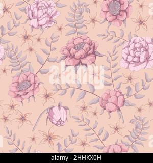 Seamless pattern with floral motif. Roses and Peonies background. Pink flowers and grey branch with leaves. Hand drawn botanical vector print. For des Stock Vector
