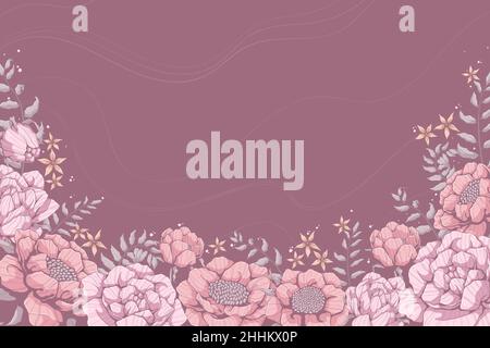 Horizontal background with pink roses, peonies and grey leaves. Banners template with floral motif. Place for text. Hand drawn vector illustration of Stock Vector