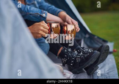 Young nice couple having fun on camping Stock Photo