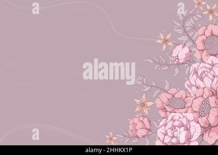 Horizontal background with pink roses, peonies and grey leaves. Banners template with floral motif. Place for text. Hand drawn vector illustration of Stock Vector