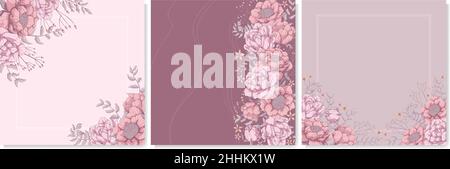 set of square background with pink roses, peonies and grey leaves. Banners template with floral motif. Place for text. Hand drawn vector illustration Stock Vector