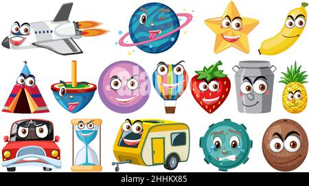 Set of different toy objects with smiley faces illustration Stock Vector