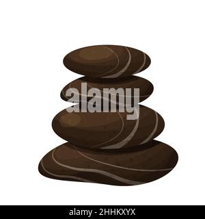 Spa stones pile, balance tower, meditation rock with flowers in cartoon style isolated on white background. Wellness massage, relax. Vector illustration Stock Vector