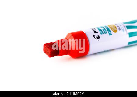 A red ink Pilot Super Color Marker, fat marker isolated on a white background. cutout image for editorial and illustration use. Stock Photo