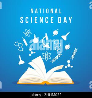 national science day illustration flat design style with book opened and flying science element Stock Vector