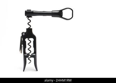 Close up of high quality black plastic corkscrew for comfortable opening of wine bottles on white background Stock Photo