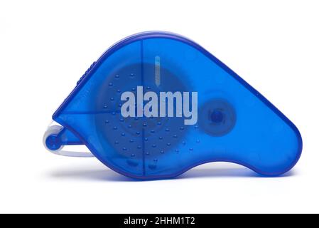 Close-up of a blue correction roller tape for covering and improving errors on paper on white background Stock Photo