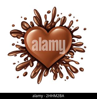 Chocolate heart splash liquid with chunks of melting candy exploding with a blast of dripping sweet brown syrup isolated on a white background. Stock Photo