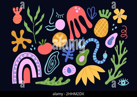 Organic blobs, tropic fruits, leaves, woman face and coral in matisse style. Set of trendy doodle abstract elements. Bundle with natural shapes Stock Vector