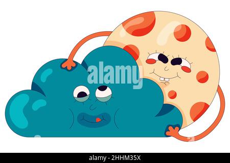 Comic moon with cloud in trendy retro cartoon style. Funny cartoon moon with cloud character. Vector illustration of moon with cloud. Sticker pack Stock Vector