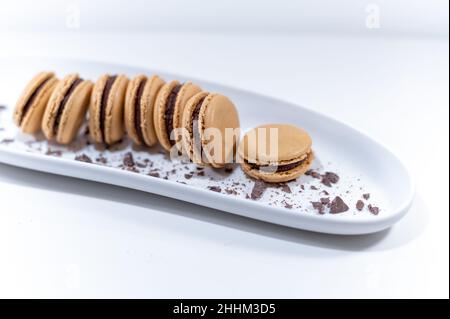 chocolate macarons, white french dish dessert Stock Photo