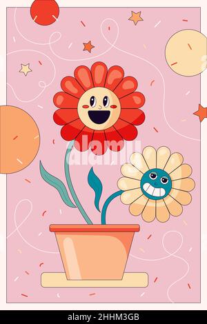 Comic flower in trendy retro cartoon style Funny flower in a pot character on abstract background Stock Vector