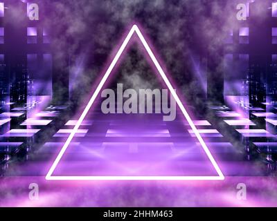 Neon glowing triangle, fog and glowing walls - abstract 3d illustration Stock Photo