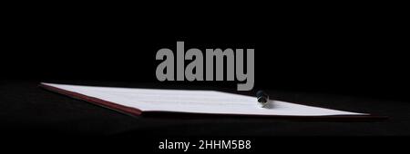 Low angle view of an open pen lying on a business document, contract or legal paper. Stock Photo