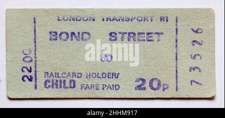 Vintage 1970s London Underground Railway Train Ticket - Bond Street Stock Photo
