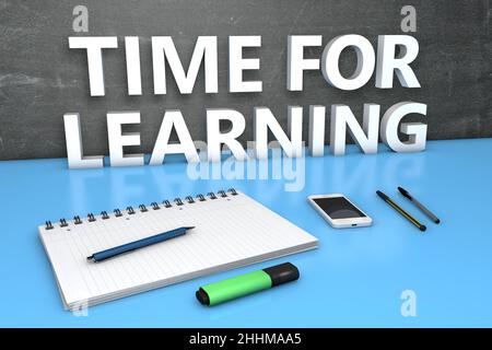 Time for Learning - text concept with chalkboard, notebook, pens and mobile phone. 3D render illustration. Stock Photo