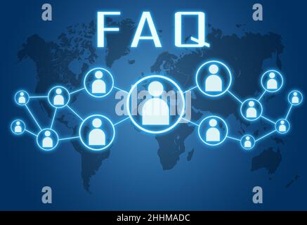 FAQ - Frequently asked questions - text concept on blue background with world map and social icons. Stock Photo