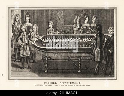 King Louis XIV, family and courtiers playing the game of bagatelle in the First Apartment, Versailles, 1694. Louis XIV, Philippe I, Duke of Anjou, Charles, Duke of Berry, Louis, Grand Dauphin and others After an engraving by Antoine Trouvain. Premier Appartement. Le Jeu de Portiques. Lithograph from Henry Rene d’Allemagne’s Recreations et Passe-Temps, Games and Pastimes, Hachette, Paris, 1906. Stock Photo