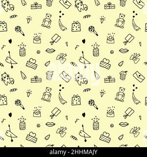 Seamless black and white illustration with Valentine s Day doodle elements on a yellow background. For holiday wrapping or wallpaper. Relationships Stock Vector