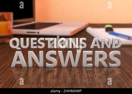 Questions and Answers - letters on wooden desk with laptop computer and ...