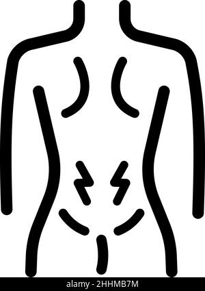 Menstrual cramps outline icon. Woman feels lower abdominal pain. Lumbar Period pain symbol. Premenstrual syndrome PMS. Vector Black outline on white b Stock Vector