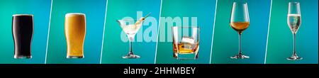 Horizontal flyer with set of glasses with different alcoholic drinks and cocktails on blue background in neon light. Stock Photo