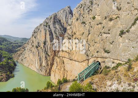 Editorial: CAMINITO DEL REY, ARDALES, ANDALUSIA, SPAIN, OCTOBER 1ST, 2021 - The King's pathway and the railway at the end of the walkway Stock Photo