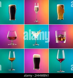 Set of glasses with different alcoholic drinks and cocktails on gradient pink-blue background in neon light. Alcohol drinks concept. Stock Photo