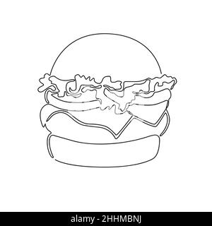 The hamburger is drawn with one continuous line isolated on a white background. Stock vector illustration Stock Vector