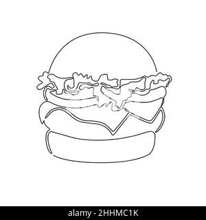 The hamburger is drawn with one continuous line isolated on a white background. Stock vector illustration Stock Vector