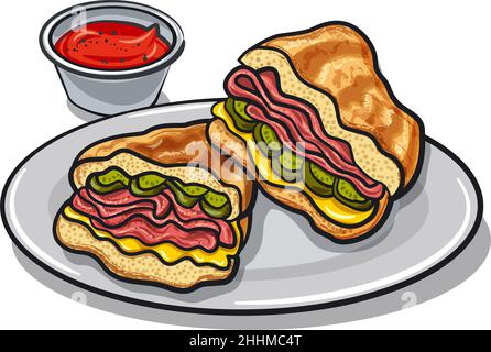 Illustration of the cuban sandwiches with ham, cheese and sauce Stock Vector