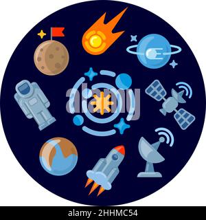 Set of space icons illustration in color style for for web, landing page, stickers, and round background Stock Vector