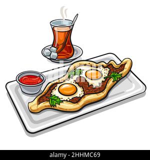 turkish egg-topped pide flatbread baked with minсe, eggs and hot tea Stock Vector