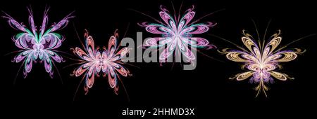 Fractals, beautiful abstract butterflies with open wings on a widescreen black background Stock Photo