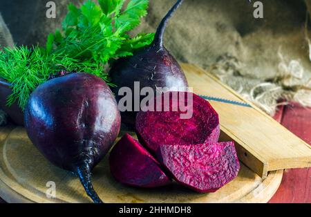 Young raw beetroot close up on a background of burlap Stock Photo