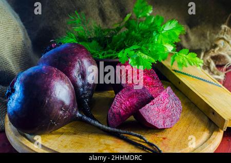 Young raw beetroot close up on a background of burlap Stock Photo