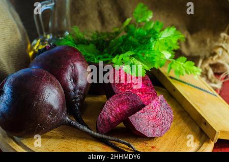 Young raw beetroot close up on a background of burlap Stock Photo