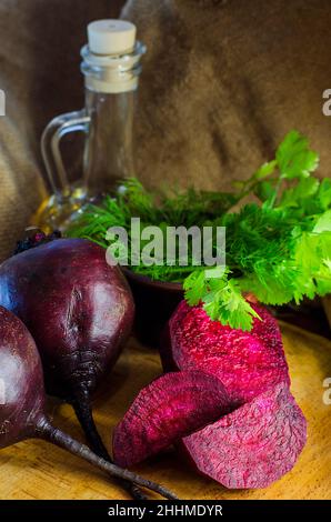 Young raw beetroot close up on a background of burlap Stock Photo