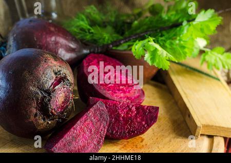 Young raw beetroot close up on a background of burlap Stock Photo