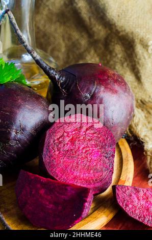 Young raw beetroot close up on a background of burlap Stock Photo